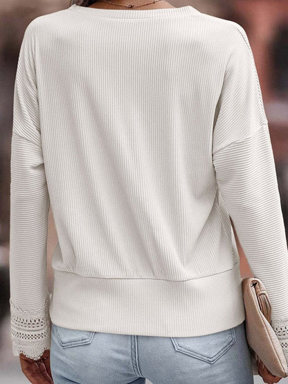 Elegant White V Neck Lace Detail Ribbed Top with Long Sleeves