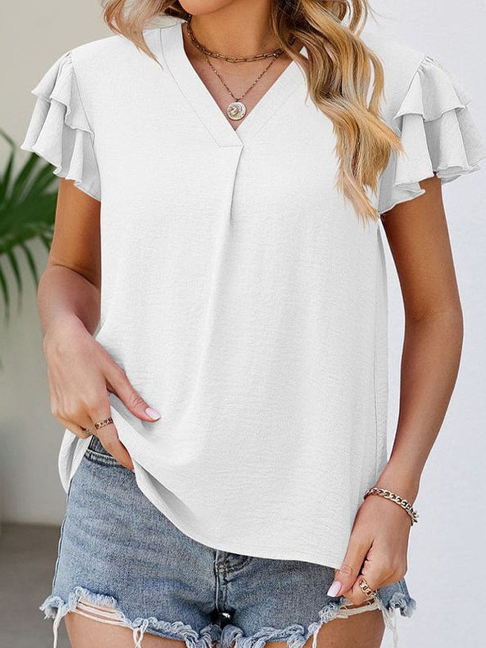 Elegant White V Neck Ruffle Sleeve Shift Blouse