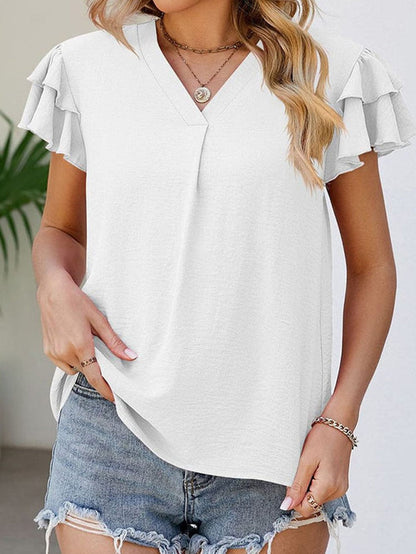 Elegant White V Neck Ruffle Sleeve Shift Blouse