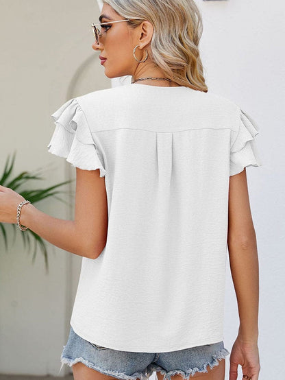 Elegant White V Neck Ruffle Sleeve Shift Blouse