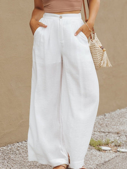 Elegant White Wide Leg Pleated Pants with Elastic Waist