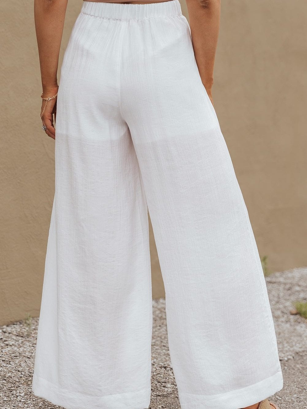 Elegant White Wide Leg Pleated Pants with Elastic Waist