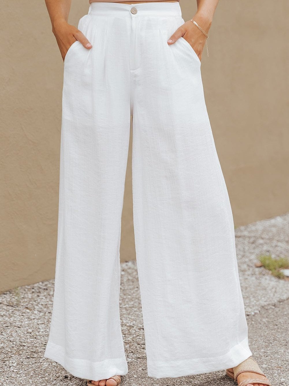 Elegant White Wide Leg Pleated Pants with Elastic Waist