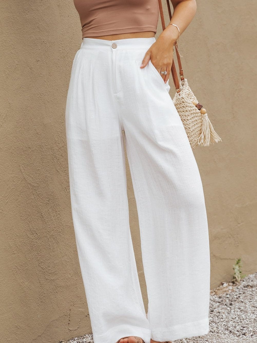 Elegant White Wide Leg Pleated Pants with Elastic Waist