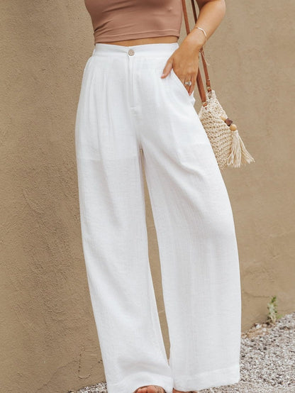 Elegant White Wide Leg Pleated Pants with Elastic Waist