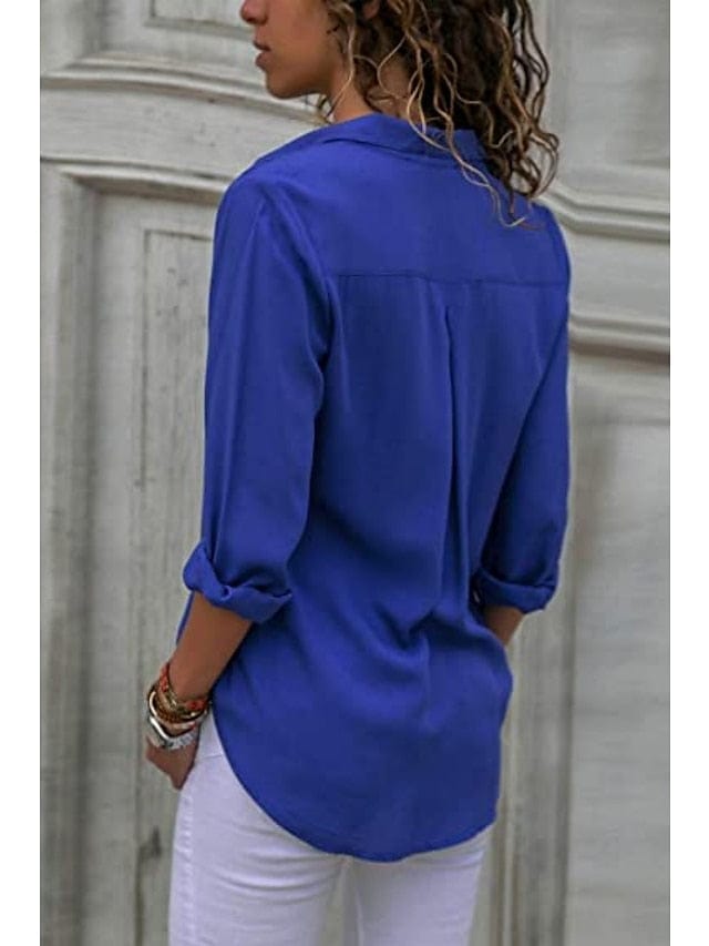 Elegant Women's Business Blouse Shirt in Blue, Yellow, and Gray
