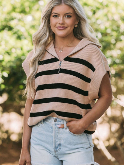 Elevated Khaki Striped Zip-Up Collar Summer Knit Top