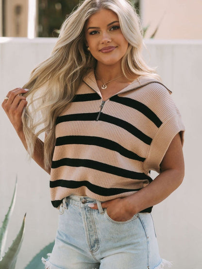 Elevated Khaki Striped Zip-Up Collar Summer Knit Top