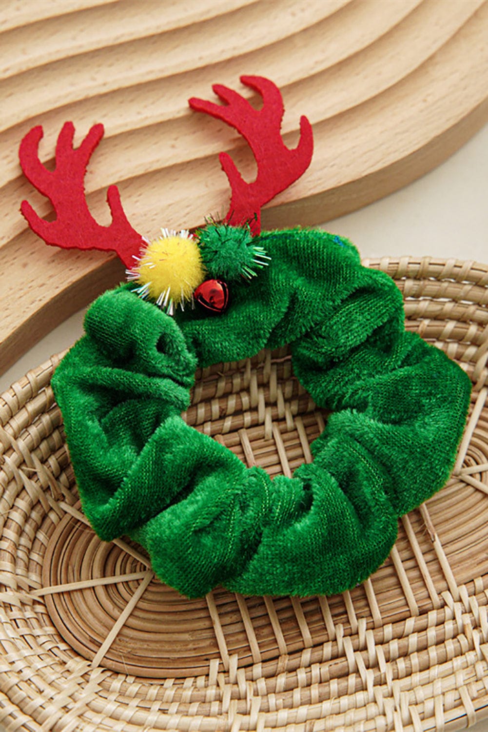 Elk Horn Jingle Bell Hair Scrunchie in Festive Green
