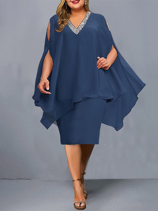 Women's Dress - Plus Size Work Dress Chiffon Dress Semi Formal Dress Solid Color Midi Dress Half Sleeve Fake two piece V Neck Fashion Outdoor Blue Spring Summer L XL XXL 3XL 4XL