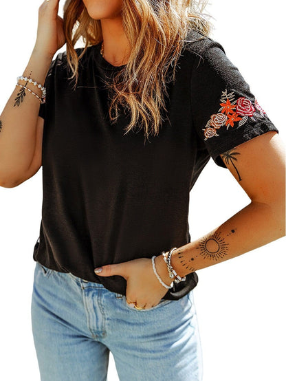 Embroidered Floral Black T-Shirt with Round Neck and Short Sleeves