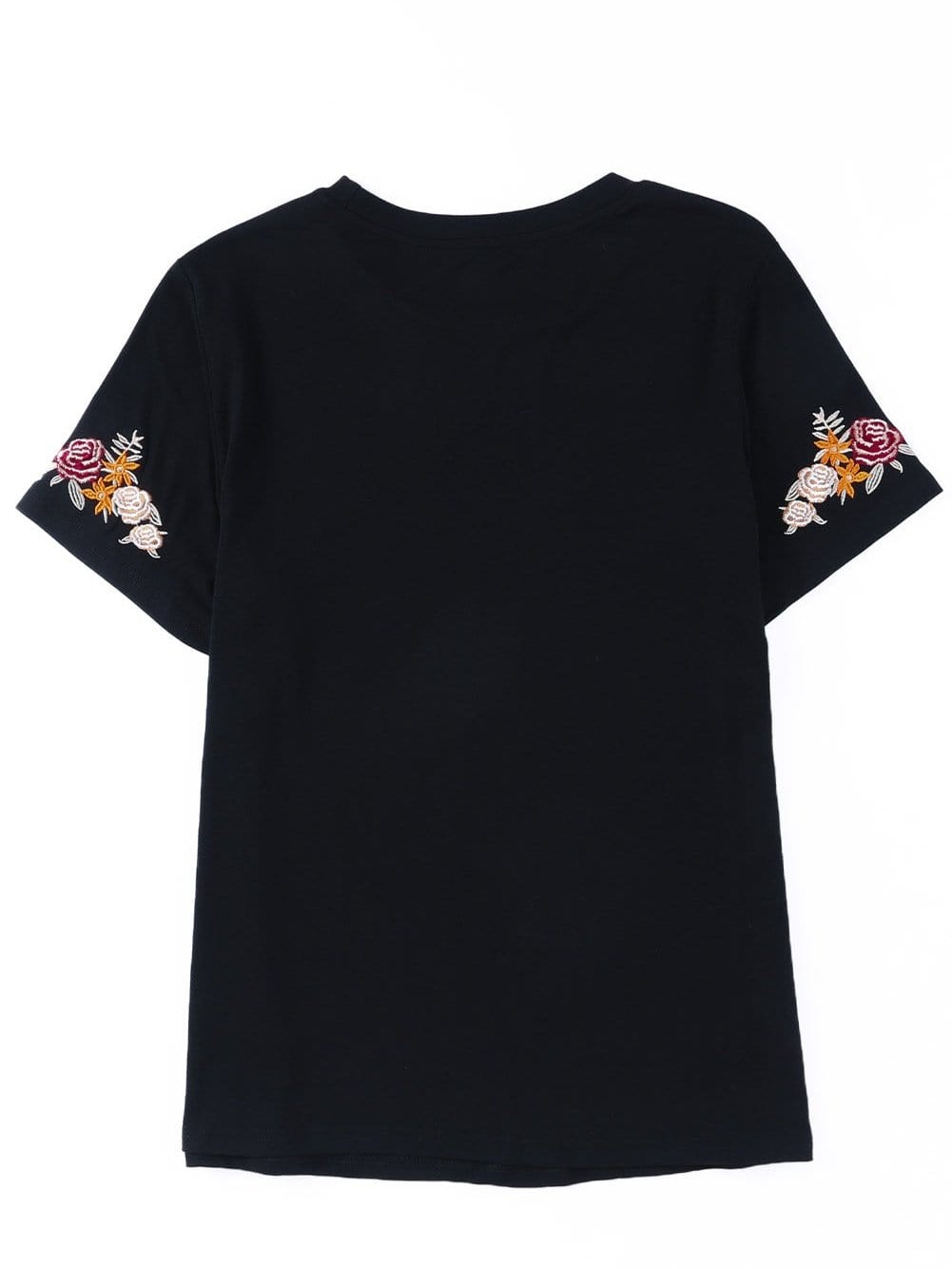 Embroidered Floral Black T-Shirt with Round Neck and Short Sleeves