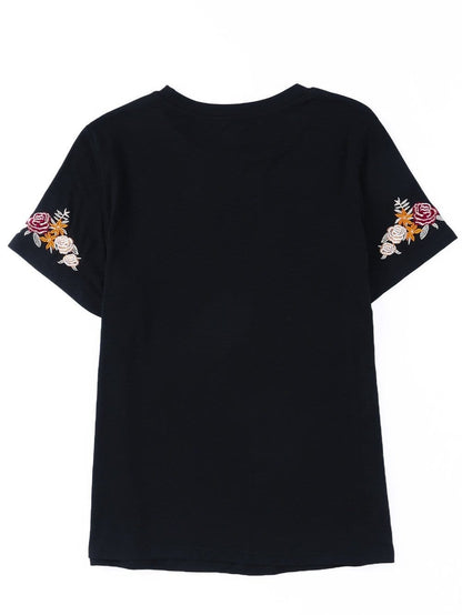 Embroidered Floral Black T-Shirt with Round Neck and Short Sleeves