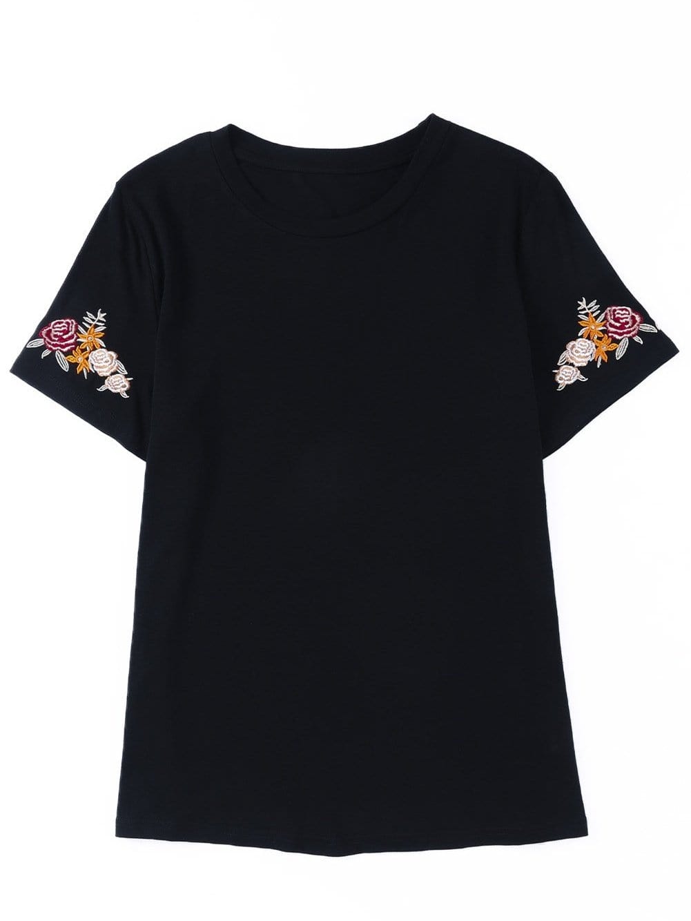 Embroidered Floral Black T-Shirt with Round Neck and Short Sleeves