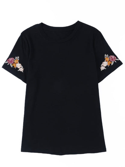 Embroidered Floral Black T-Shirt with Round Neck and Short Sleeves