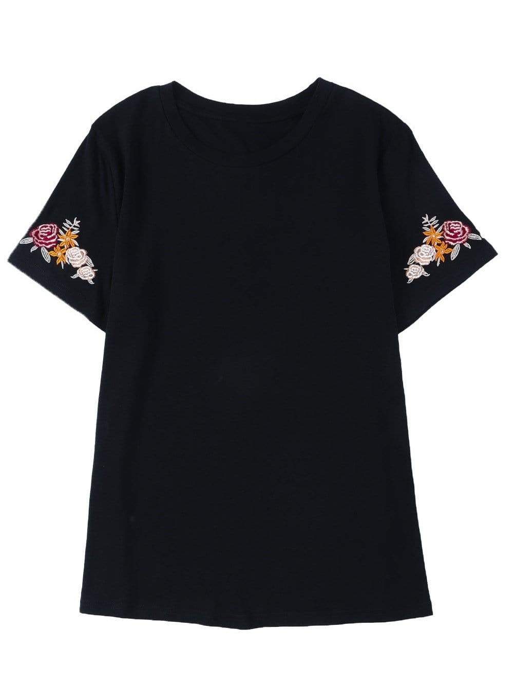 Embroidered Floral Black T-Shirt with Round Neck and Short Sleeves