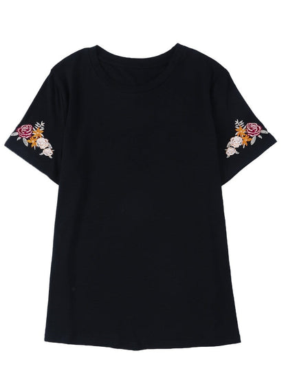 Embroidered Floral Black T-Shirt with Round Neck and Short Sleeves