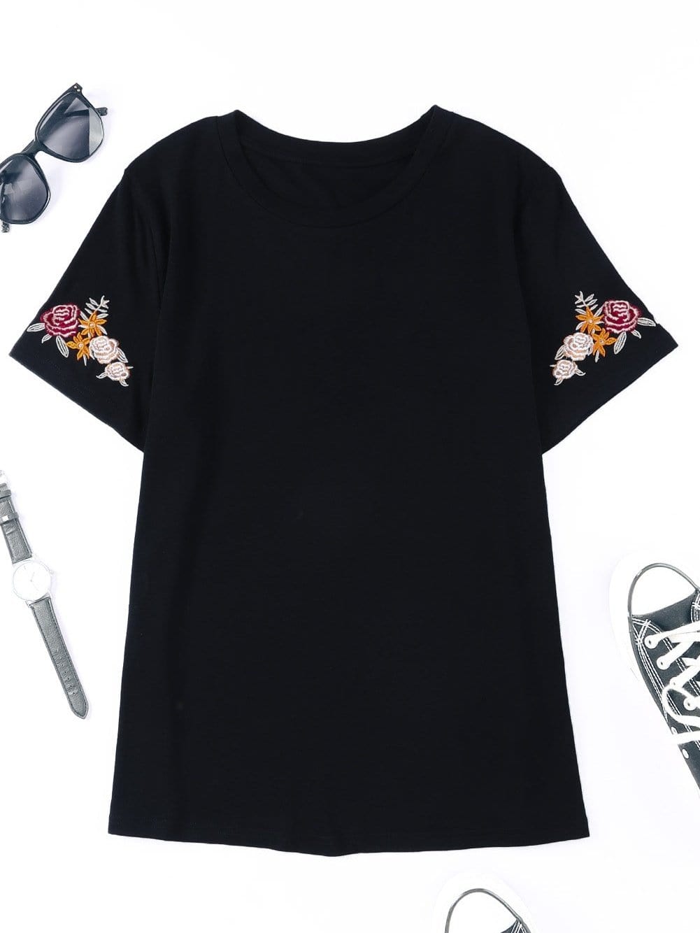 Embroidered Floral Black T-Shirt with Round Neck and Short Sleeves