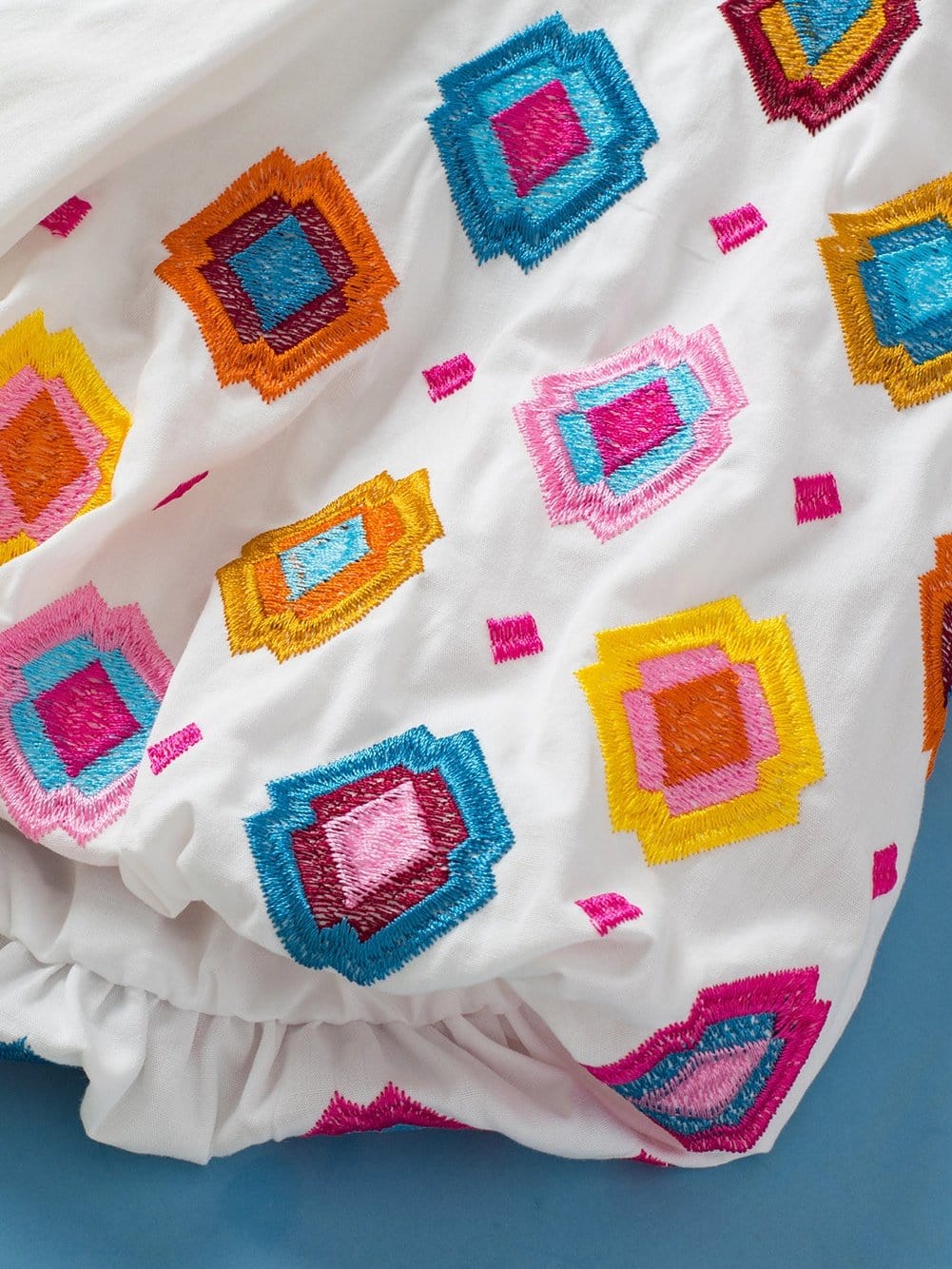 Embroidered Floral Puff Sleeve White Smocked Top