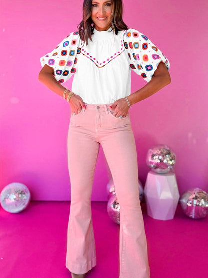 Embroidered Floral Puff Sleeve White Smocked Top