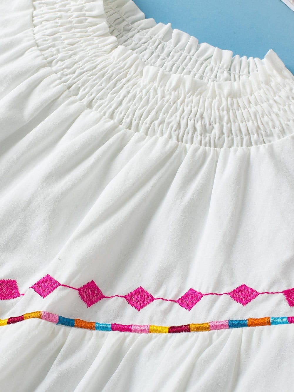 Embroidered Floral Puff Sleeve White Smocked Top