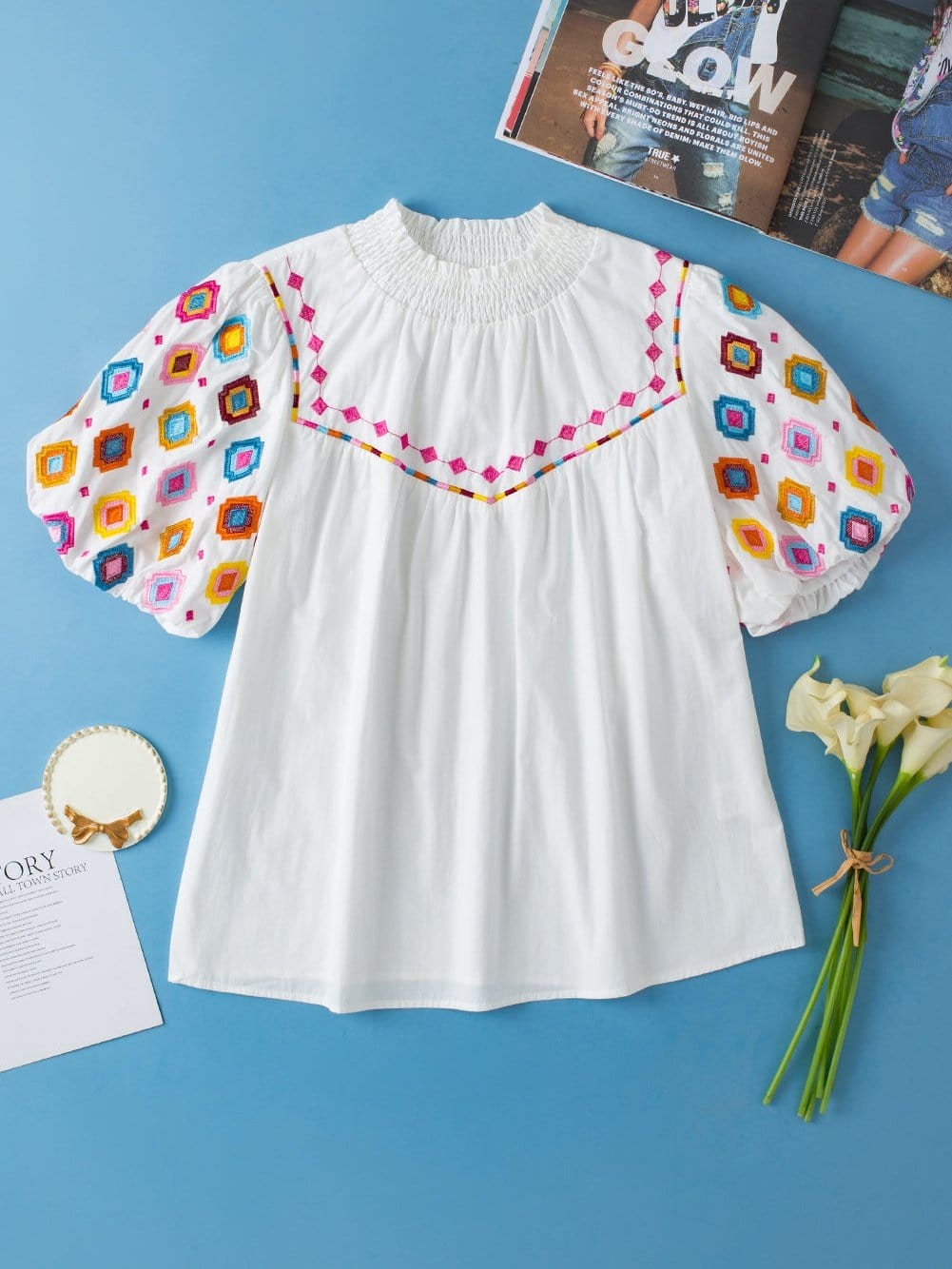 Embroidered Floral Puff Sleeve White Smocked Top