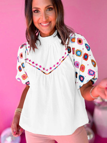 Embroidered Floral Puff Sleeve White Smocked Top