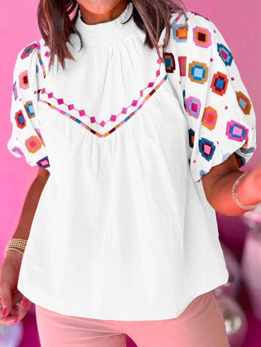 Embroidered Floral Puff Sleeve White Smocked Top