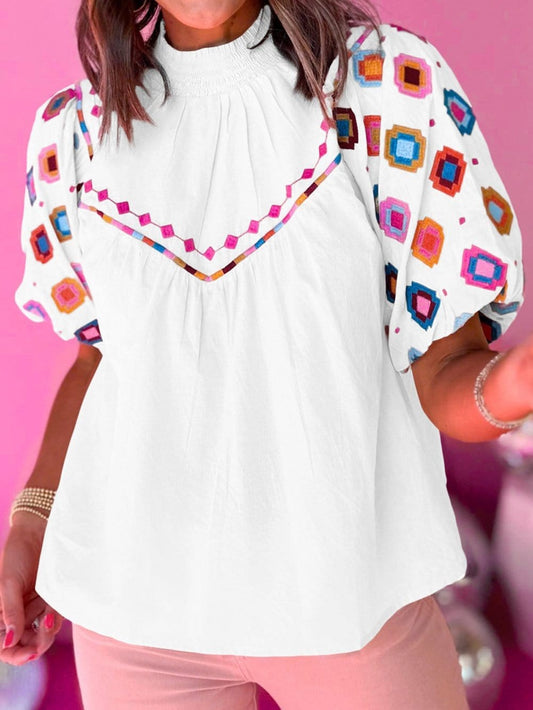 Embroidered Floral Puff Sleeve White Smocked Top