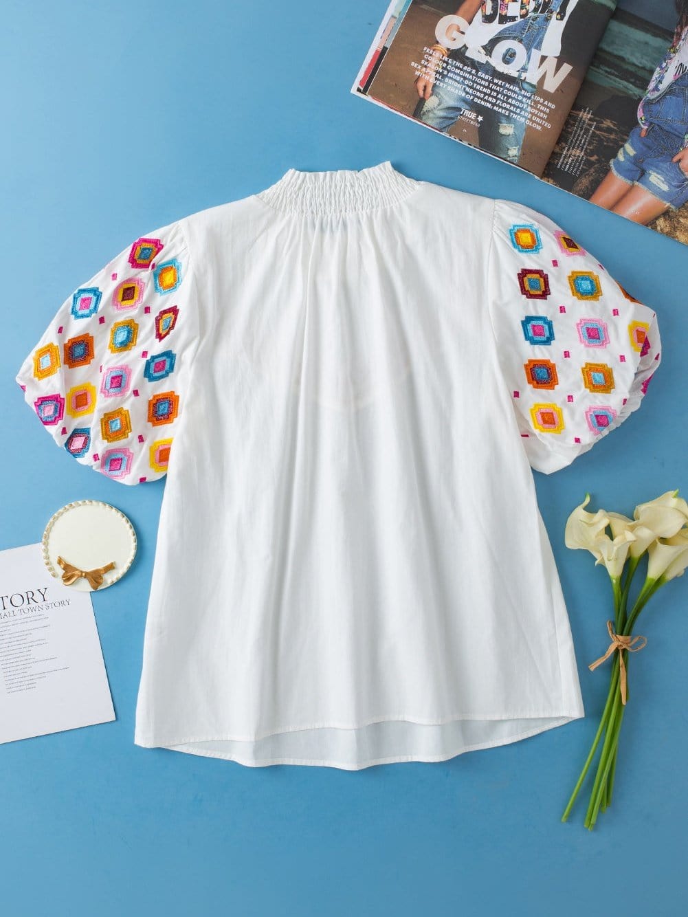 Embroidered Floral Puff Sleeve White Smocked Top