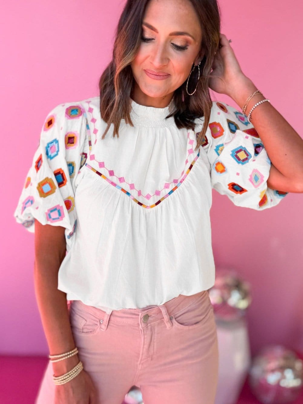 Embroidered Floral Puff Sleeve White Smocked Top