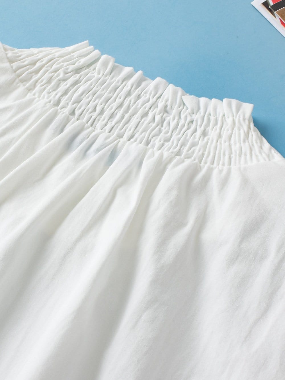 Embroidered Floral Puff Sleeve White Smocked Top