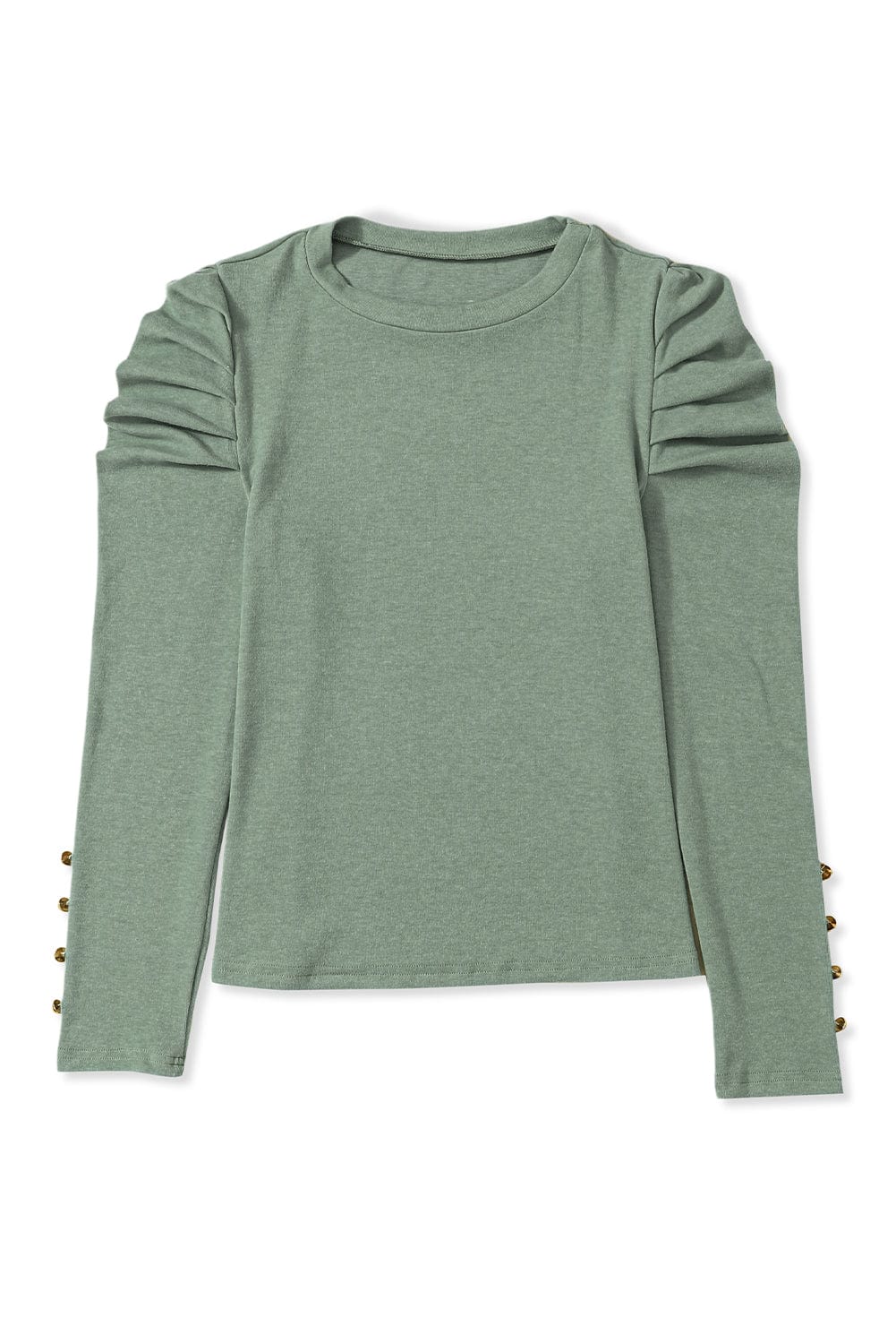 Emerald Green Button Detailed Sheath Top with Puffy Sleeves
