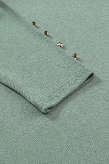 Emerald Green Button Detailed Sheath Top with Puffy Sleeves