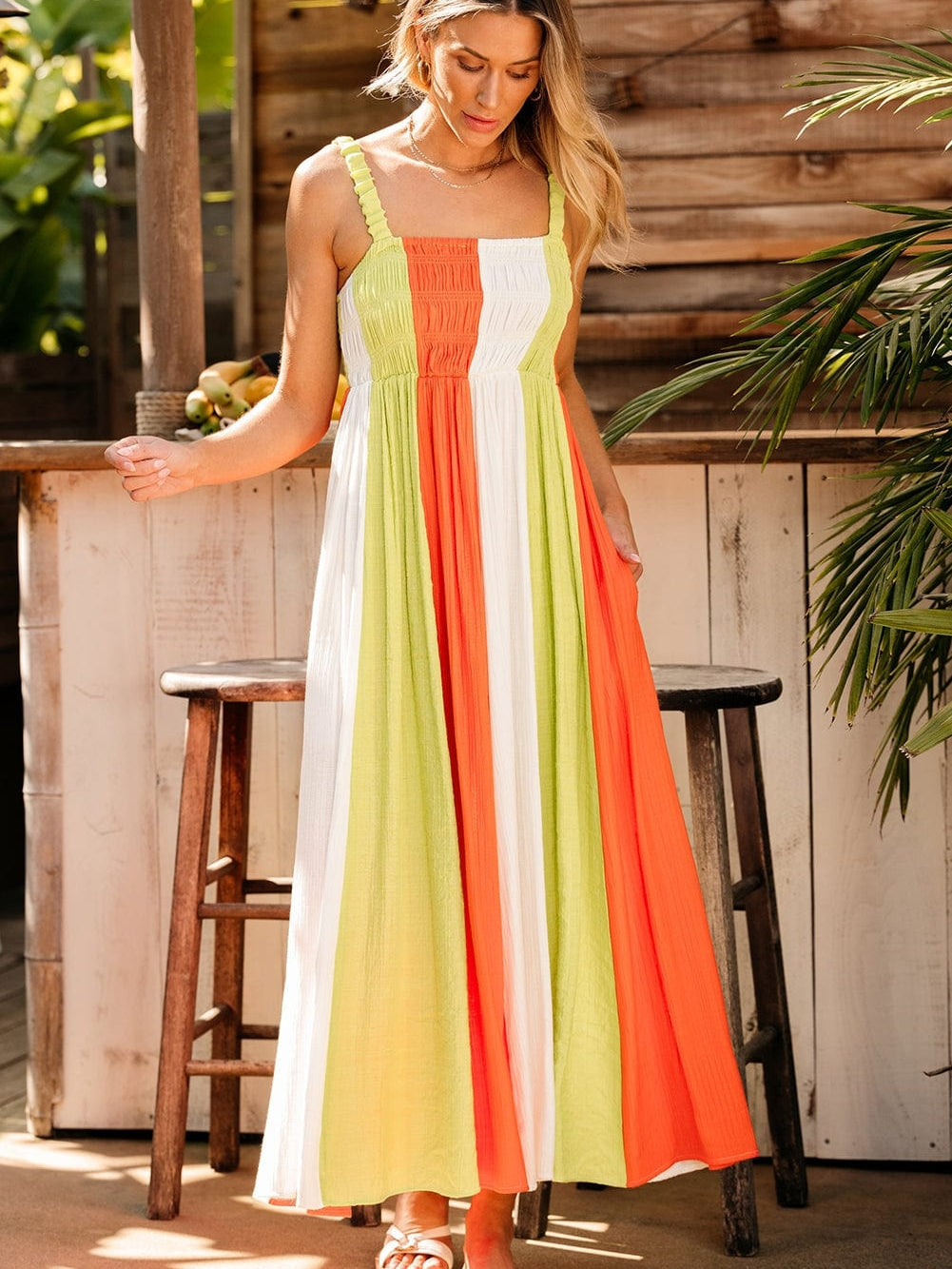 Emerald Green Color Block Smocked High Waist Maxi Dress