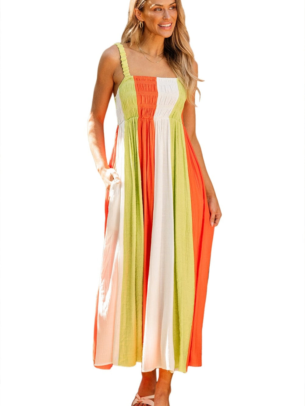 Emerald Green Color Block Smocked High Waist Maxi Dress