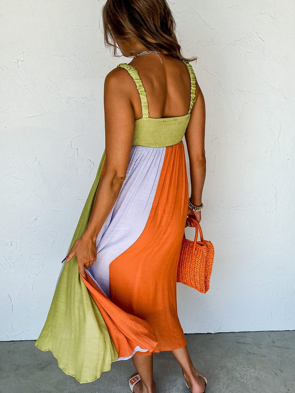 Emerald Green Color Block Smocked High Waist Maxi Dress
