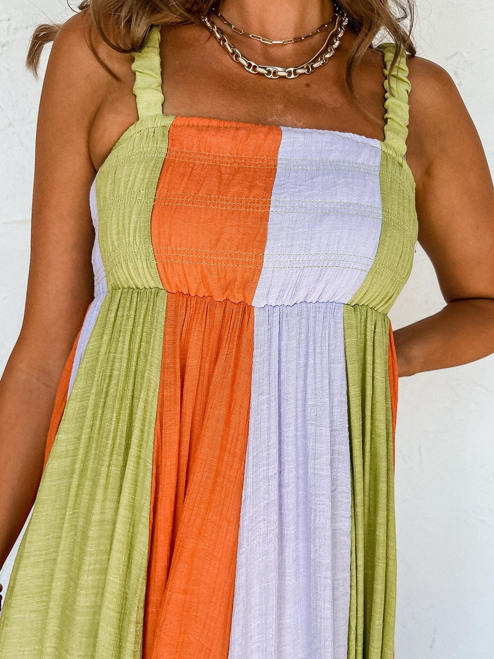 Emerald Green Color Block Smocked High Waist Maxi Dress