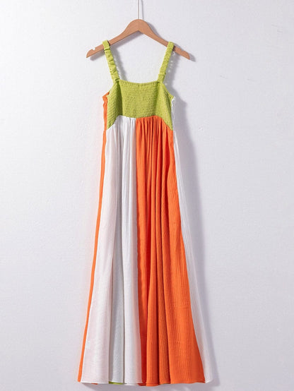 Emerald Green Color Block Smocked High Waist Maxi Dress