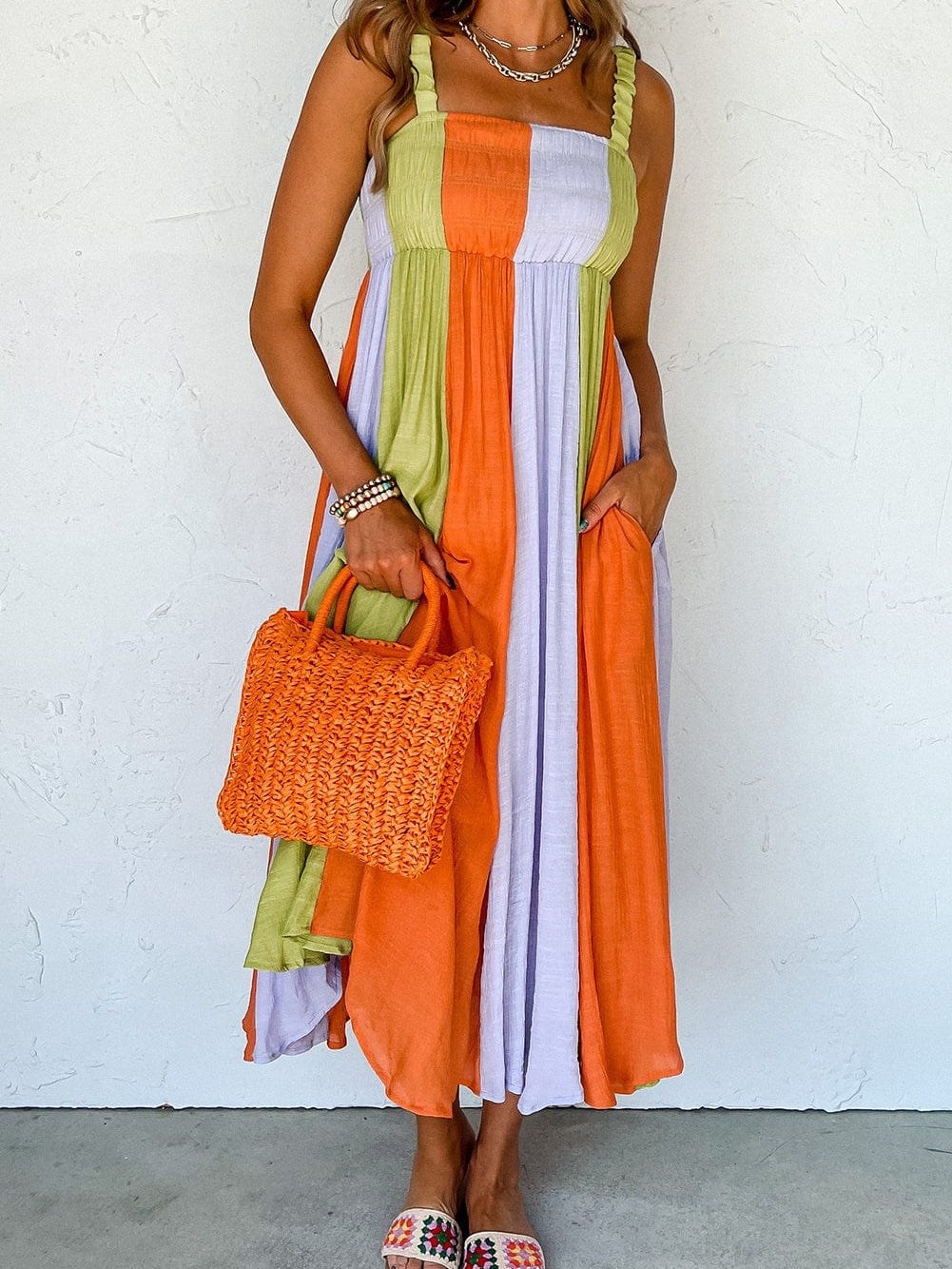 Emerald Green Color Block Smocked High Waist Maxi Dress