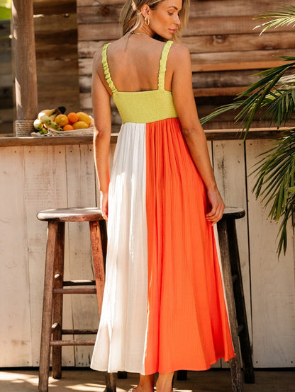 Emerald Green Color Block Smocked High Waist Maxi Dress