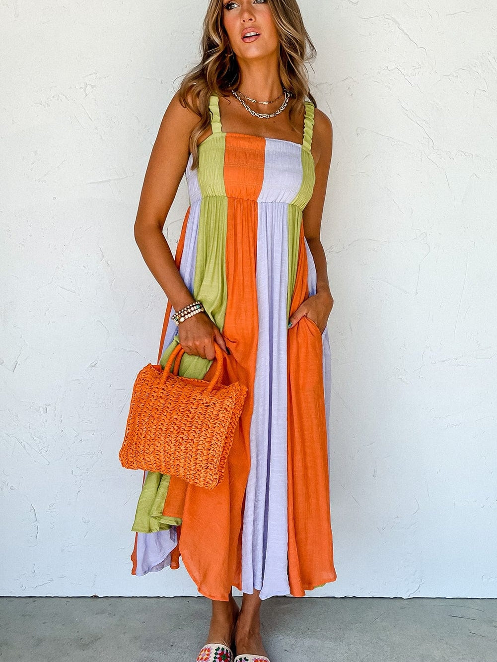 Emerald Green Color Block Smocked High Waist Maxi Dress