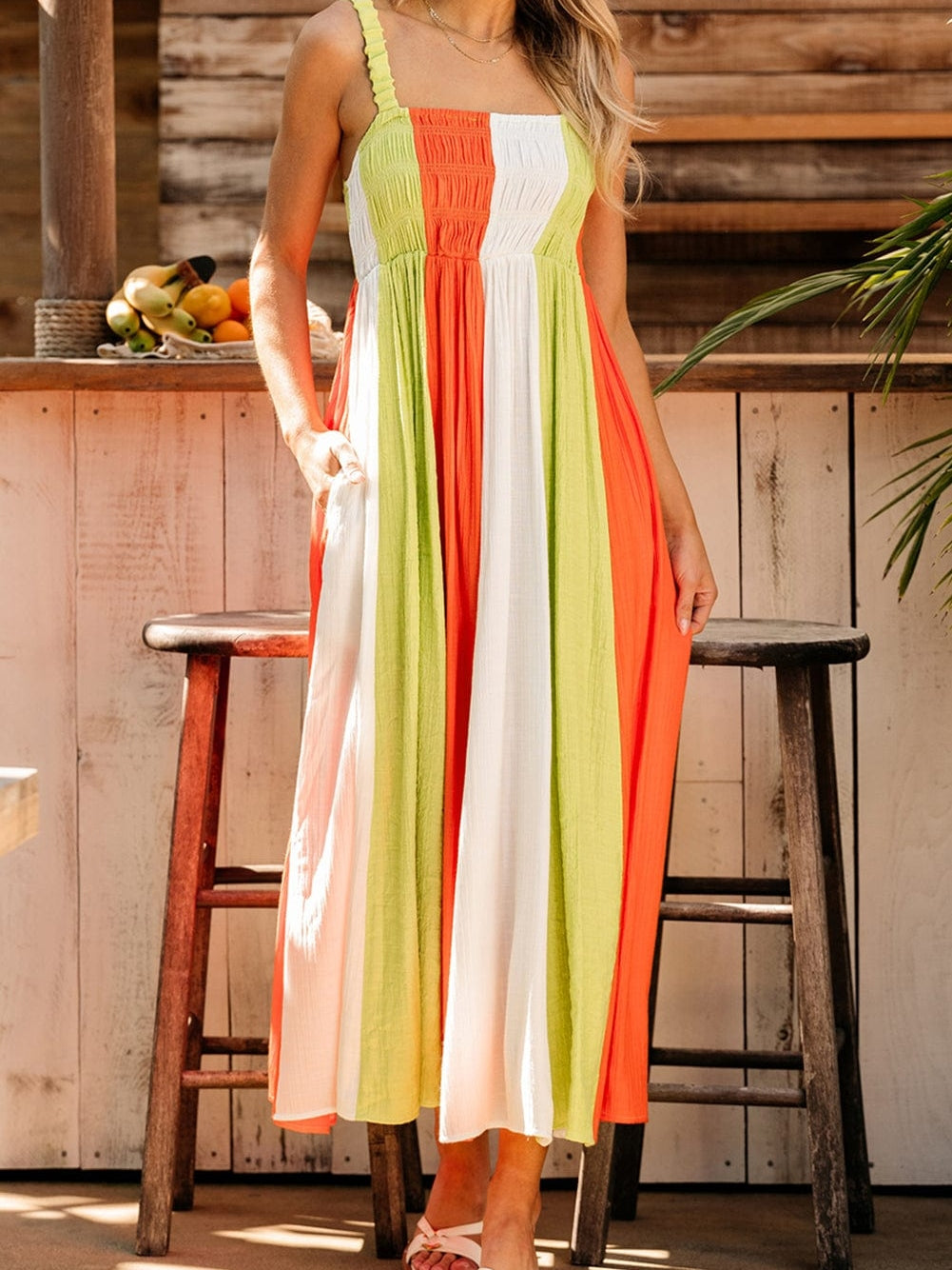 Emerald Green Color Block Smocked High Waist Maxi Dress