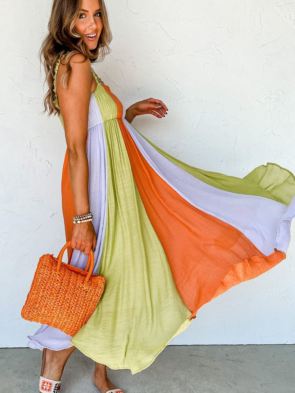 Emerald Green Color Block Smocked High Waist Maxi Dress