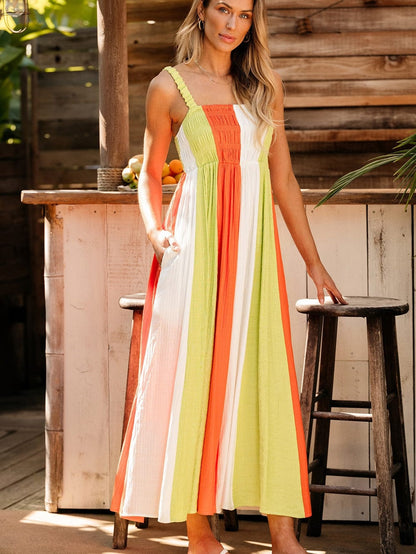 Emerald Green Color Block Smocked High Waist Maxi Dress