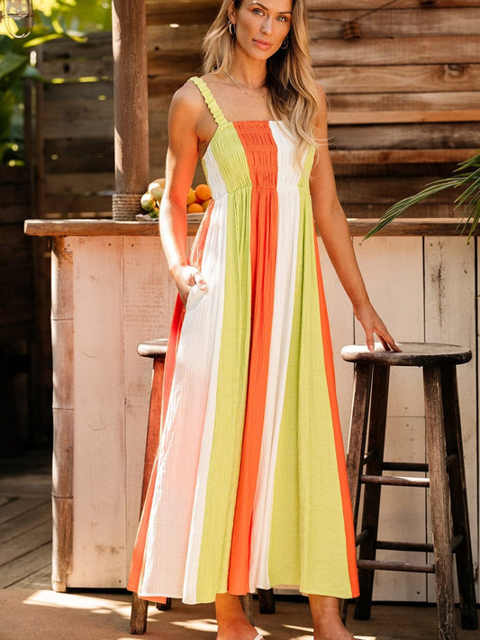 Emerald Green Color Block Smocked High Waist Maxi Dress