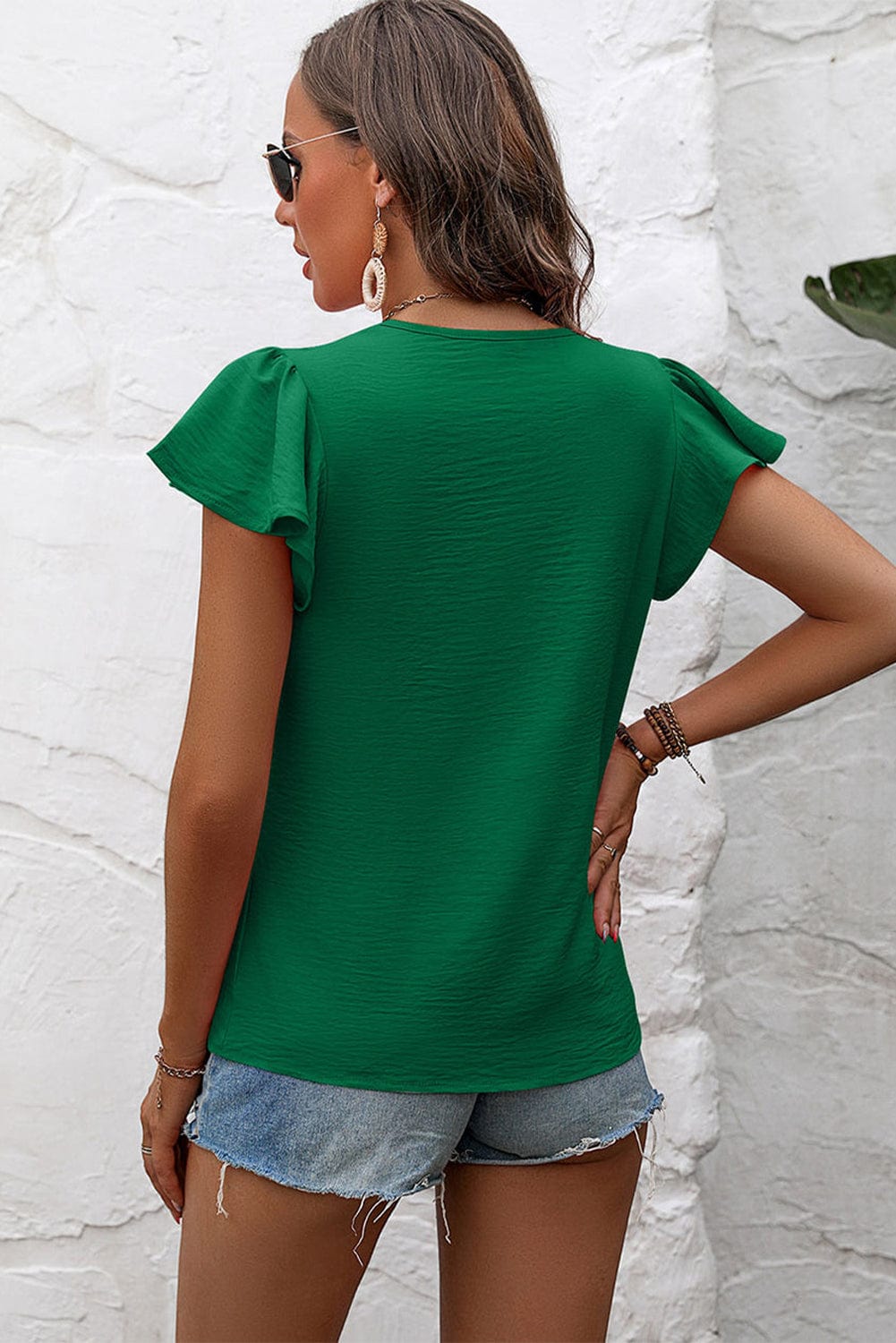 Emerald Green Crinkle Textured Flutter Sleeve Pleated Blouse