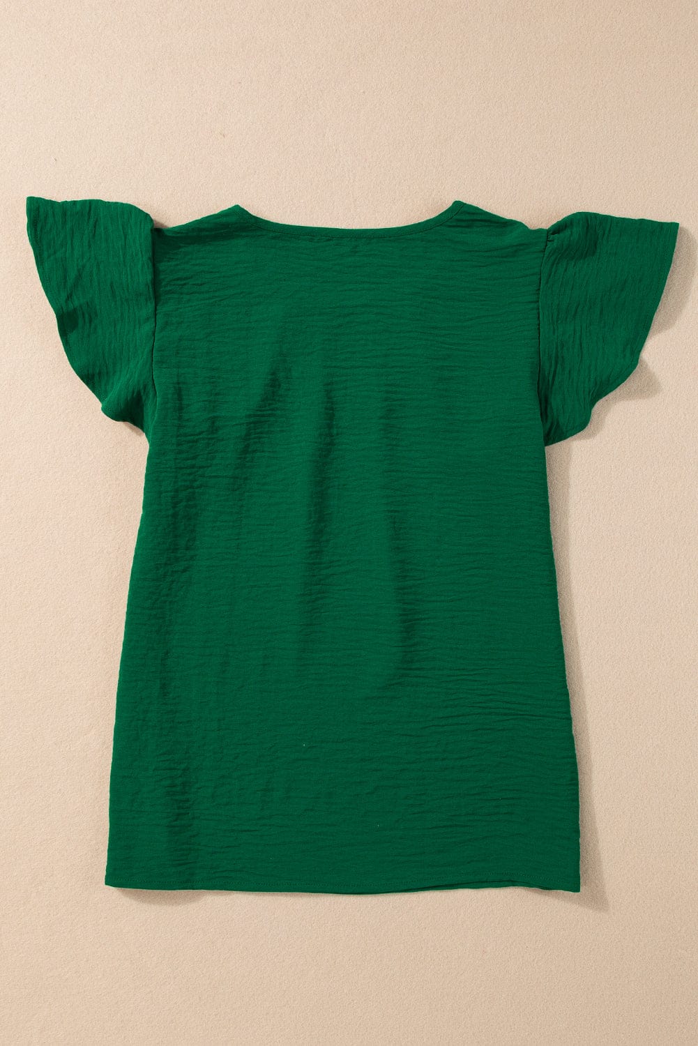 Emerald Green Crinkle Textured Flutter Sleeve Pleated Blouse