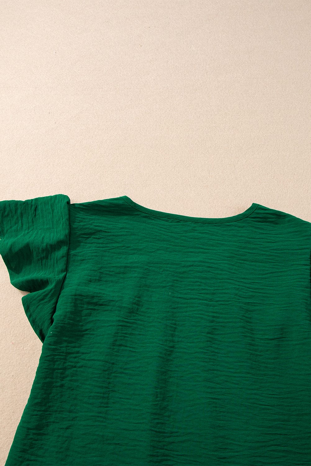 Emerald Green Crinkle Textured Flutter Sleeve Pleated Blouse