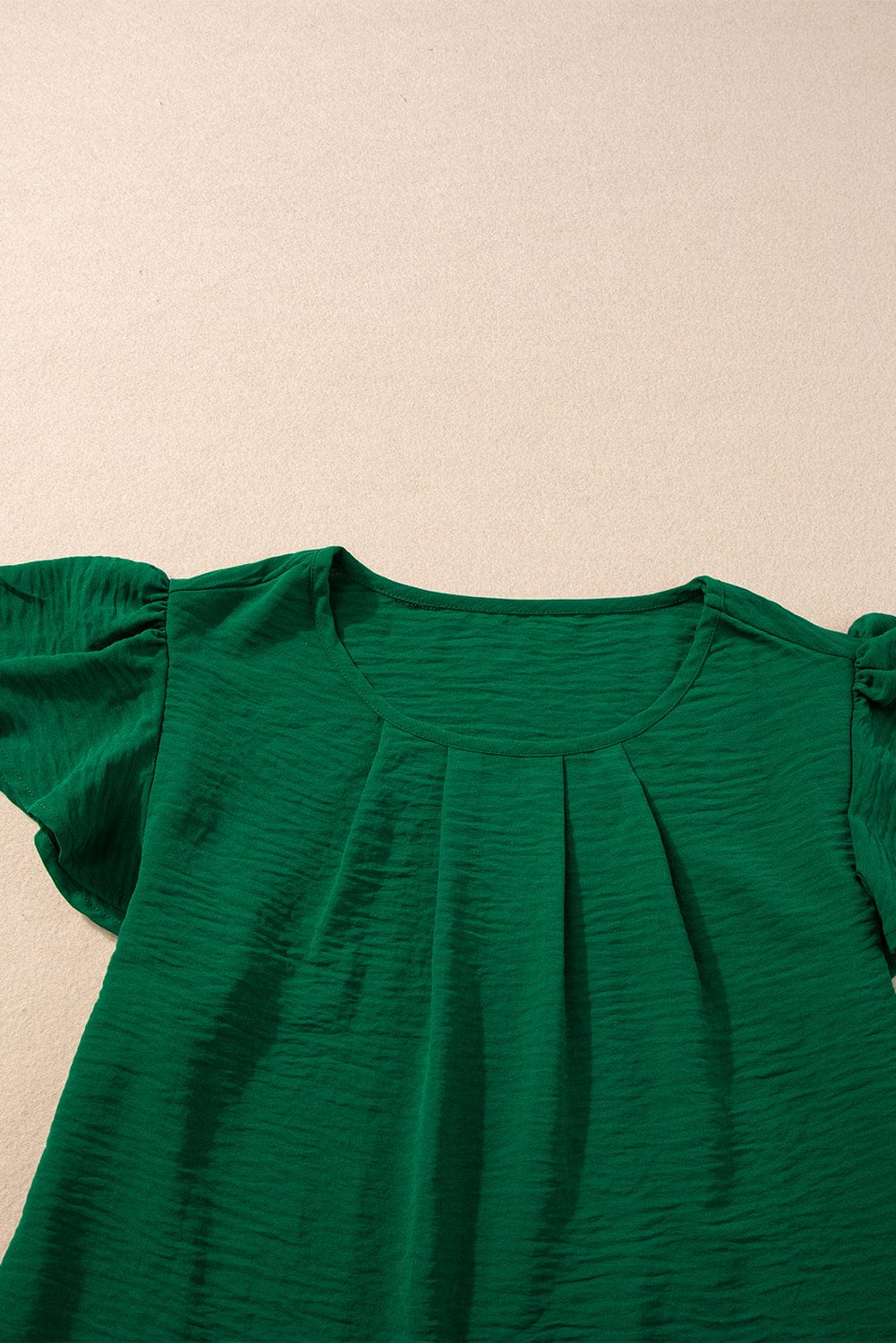 Emerald Green Crinkle Textured Flutter Sleeve Pleated Blouse